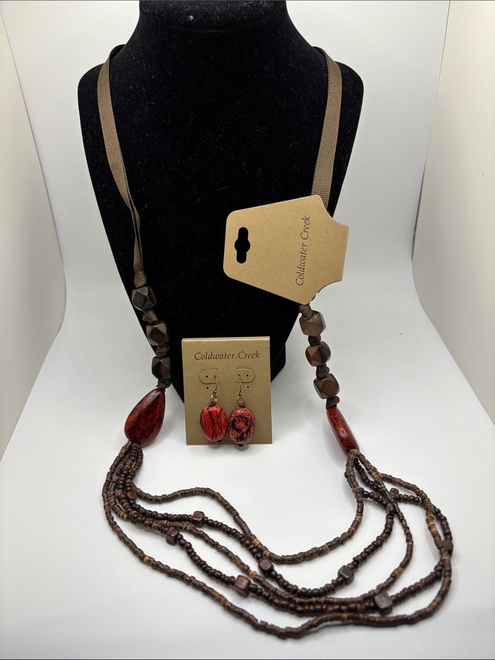 Coldwater Creek Boho Wood & Red Jasper Multi-Strand Statement Jewelry Set NWT